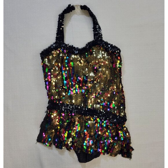 Glamour Costumes Black Gold Colorful Sequin Halter Dance Costume Child Small 4-6 - Picture 4 of 16